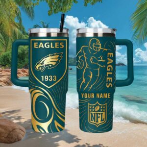 Personalized Philadelphia Eagles NFL 40oz Tumbler Custom Name Gold & Teal Insulated Tumbler