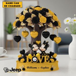 Personalized Pittsburgh Steelers Black and Gold Mickey & Minnie Rose Tree Desktop Ornament