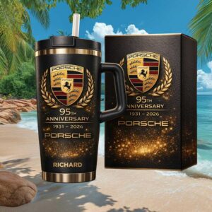 Personalized Porsche 95th Anniversary 1931 2026 Gold & Black Insulated Travel Tumbler
