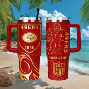 Personalized San Francisco 49ers NFL 40oz Tumbler Custom Name Scarlet & Gold Travel Tumbler