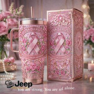 Pink Strong Breast Cancer Awareness Floral Ribbon Embossed Tumbler with Matching Box