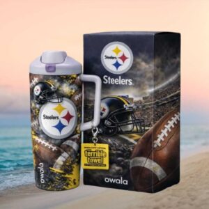 Pittsburgh Steelers Helmet and Football Graphics Owala Style Handle Tumbler