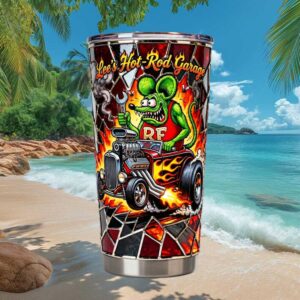 Rat Fink Hot Rod Garage Ed Roth Inspired Stained Glass Style Graphic Tumbler