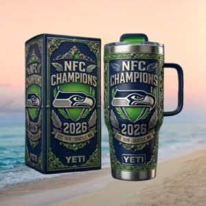 Seattle Seahawks 2026 NFC Champions Embossed Silver and Navy Blue Yeti Tumbler