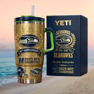 Seattle Seahawks 50th Anniversary 2025 NFC Champions Gold Edition Yeti Tumbler with Handle