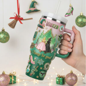 Wicked Movie Glinda and Elphaba 40oz Tumbler Change For Good Emerald City Pink and Green Insulated Tumbler with Handle