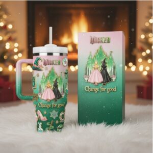 Wicked Movie Glinda and Elphaba 40oz Tumbler Change For Good Emerald City Pink and Green Insulated Tumbler with Handle