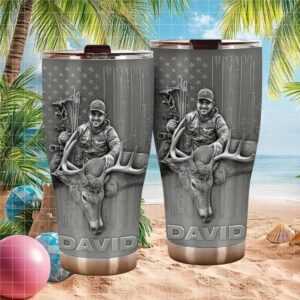 Custom Hunter Name Tumbler 3D Embossed Deer Hunting & American Flag Design
