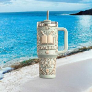 3D Embossed “Best Teacher Ever” 40oz Tumbler with Handle Mint Green Teacher Appreciation Gift