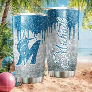 Personalized Miami Marlins MLB Blue Glitter Drip Custom Name Tumbler