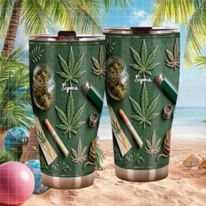 Personalized Cannabis Leaf 3D Texture Tumbler Custom Name Green Aesthetic