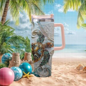 40oz Quencher Sea Turtle Mosaic Tumbler Personalized Coastal Ocean Art Gift
