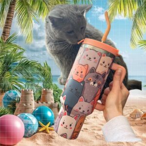 Adorable Cartoon Cat Pile Pattern 40oz Tumbler Cute Kitten Lover Gift Tumbler