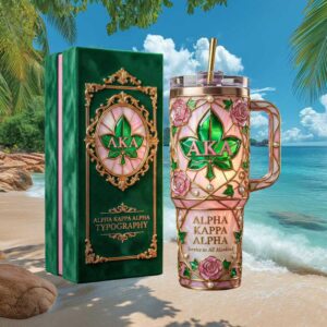 Alpha Kappa Alpha (AKA) Sorority Stained Glass Style 40oz Tumbler Pink and Green