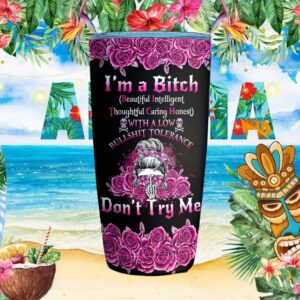 B.I.T.C.H. Low Bullshit Tolerance Pink Messy Bun Skull Tumbler