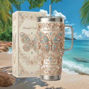 Beautiful Butterfly “Wings of Light” 3D Floral & Jewel Embossed 40oz Tumbler