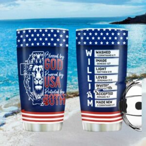 Blessed by God Protected by USA Lion Tumbler Personalized William Name