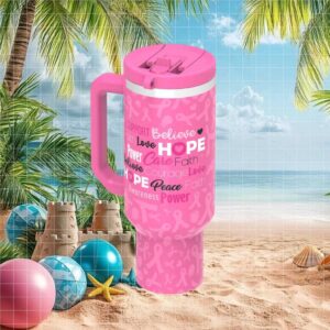 Breast Cancer Awareness “Hope Believe Peace” Pink Ribbon Support Tumbler
