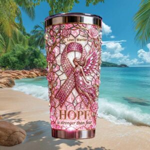 Breast Cancer Awareness Hope Is Stronger Than Fear Pink Ribbon Angel Tumbler