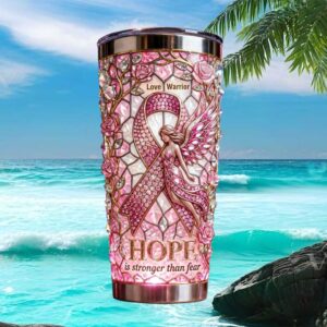 Breast Cancer Awareness Hope is Stronger Than Fear Angel Ribbon Tumbler