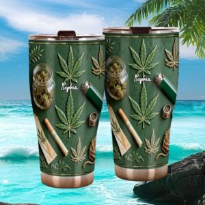 Personalized Cannabis Leaf 3D Texture Tumbler   Custom Name Green Aesthetic