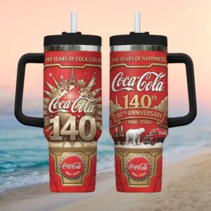 Coca Cola 140th Anniversary Heritage Red & Gold Commemorative Handle Tumbler