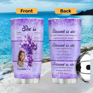 Custom Blessed Is She Purple Floral Cross & Photo Faith Based Tumbler