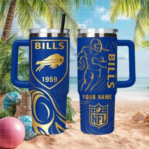 Custom Buffalo Bills NFL Gold Etched Insulated Travel Tumbler with Straw