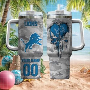 Custom Detroit Lions Digital Camo Print 40oz Tumbler Add Your Name & Number