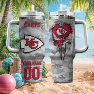 Custom Kansas City Chiefs NFL Camouflage Travel Tumbler Personalize Name & Number