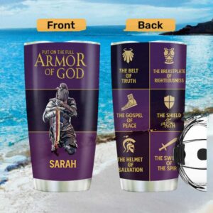Custom Name Armor of God Kneeling Knight Tumbler Purple and Gold Edition