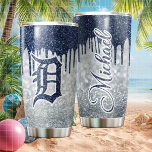Custom Name Detroit Tigers MLB Navy Blue Glitter Drip Tumbler