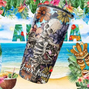 Custom Name Floral Skeleton with Birds Artistic Nature Skull Tumbler