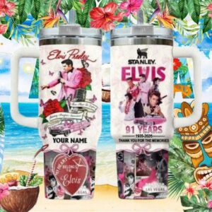 Custom Name My Heart Belongs To Elvis Pink Rose & Cadillac Tumbler