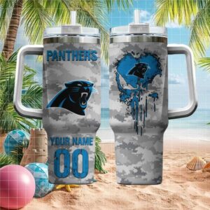 Custom Name & Number Carolina Panthers Digital Camo Skull Tumbler with Handle