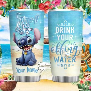 Custom Name Stitch Beach Scene “Drink Your Effing Water” Tumbler