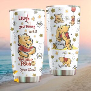 Custom Name Winnie The Pooh Sketch Flower Pattern Stainless Steel Travel Tumbler