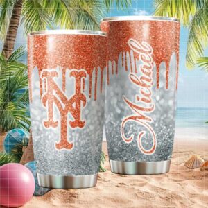 Custom New York Mets MLB Orange Glitter Drip Insulated Tumbler