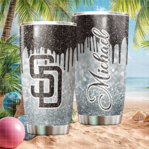 Custom San Diego Padres MLB Black & Silver Glitter Drip Tumbler