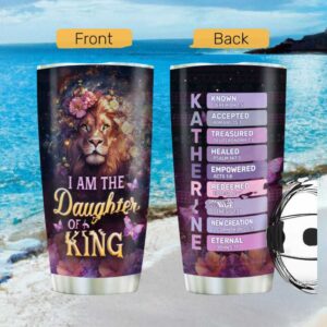 Daughter of a King Personalized Lion & Flowers Christian Tumbler with Name Meaning