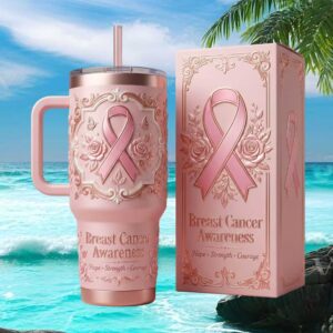 Elegant Pink Ribbon Breast Cancer Awareness Embossed Rose Garden Tumbler