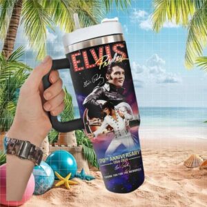 Elvis Presley 70th Anniversary 1954 2024 Tribute Travel Tumbler with Handle