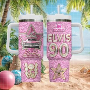 Elvis Presley 90th Anniversary Pink Cadillac Glitter Stanley Style Tumbler