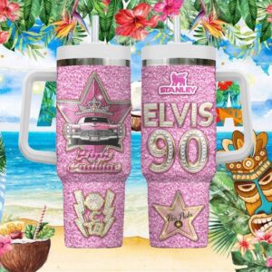 Elvis Presley 90th Anniversary Pink Cadillac Glitter Stanley Style Tumbler