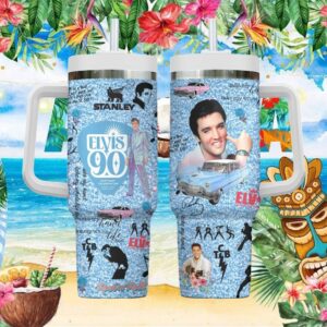Elvis Presley 90th Birthday Celebration Rock 'n' Roll Blue Glitter Tumbler
