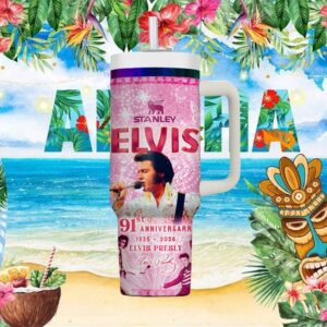 Elvis Presley 91st Anniversary 1935 2026 Pink Glitter Custom Tumbler