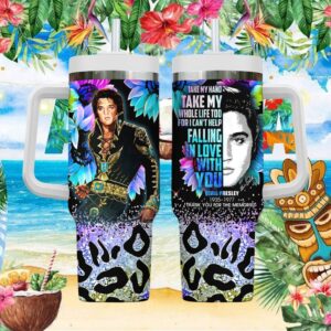 Elvis Presley Floral Tribute 40oz Tumbler “Take My Hand” Lyrics Leopard Print Base