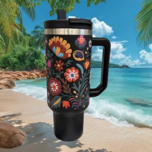Embroidered Style Folk Art Floral Black Insulated Travel Tumbler