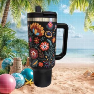 Embroidered Style Folk Art Floral Black Insulated Travel Tumbler