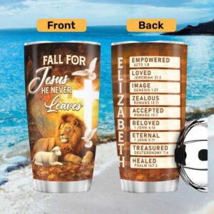 Fall for Jesus He Never Leaves Lion and Lamb Personalized Acrostic Tumbler